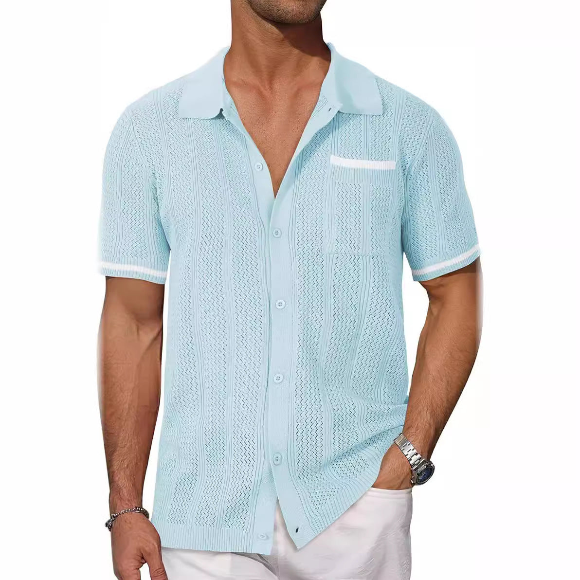 Sky blue short-sleeved button-up knit shirt with chest pocket and striped trim