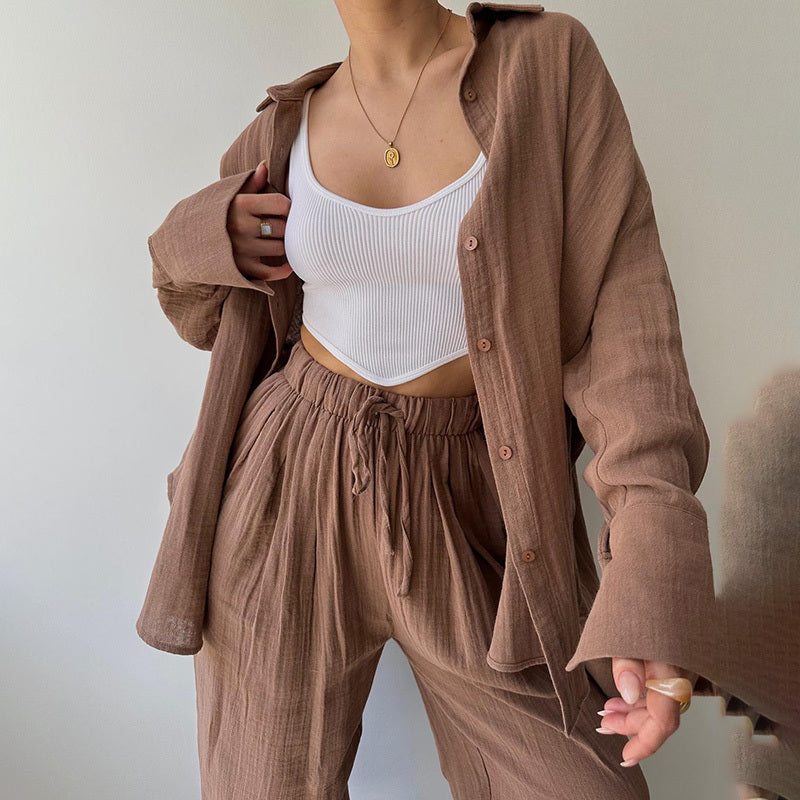 Women's Solid Color Lapel Collar Long Sleeve Shirt & High-Waist Pants Set - Casual Loose Fit