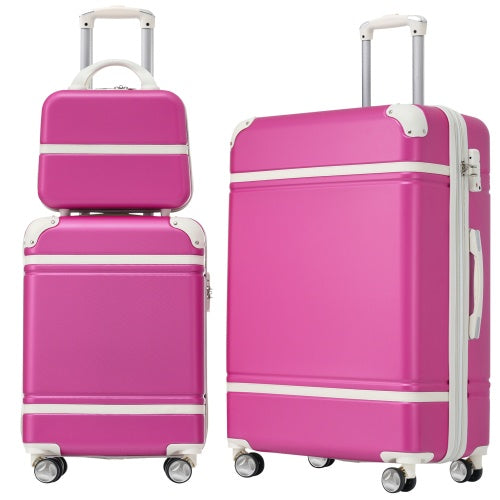 Hard-shell luggage set with spinner suitcase and cosmetic case, bright pink with white frame and wheels