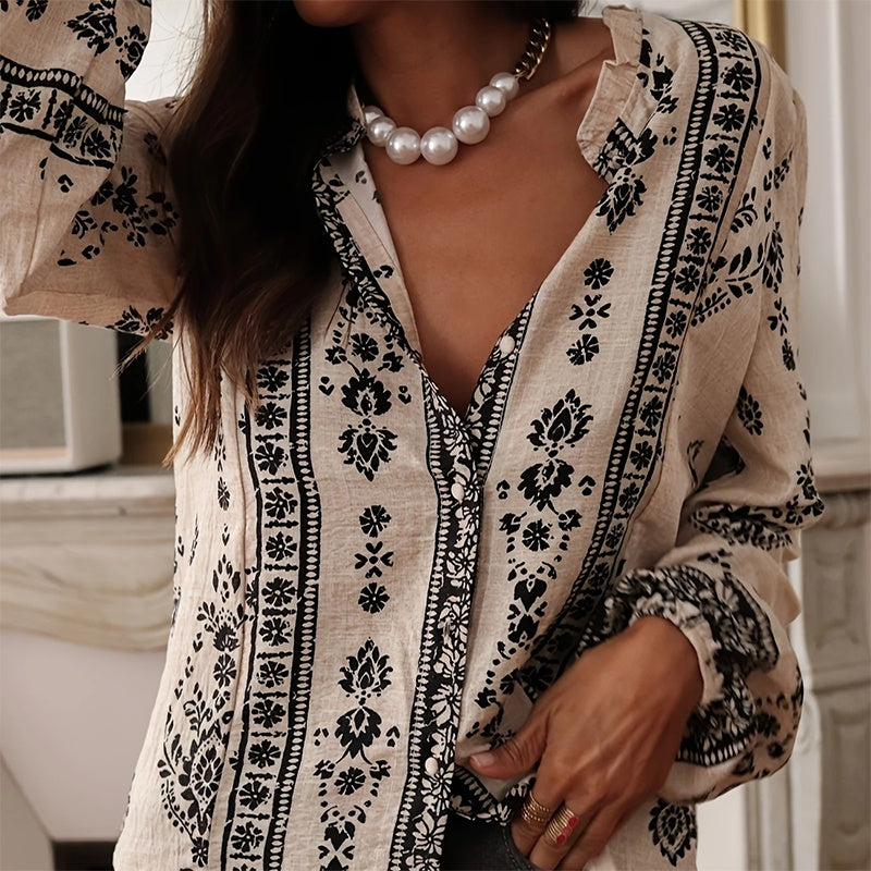 Women's Elegant Printed Blouse - Flowy Boho Shirt With Lantern Sleeves & Lace Trim, Vintage Ethnic Style Loose Top