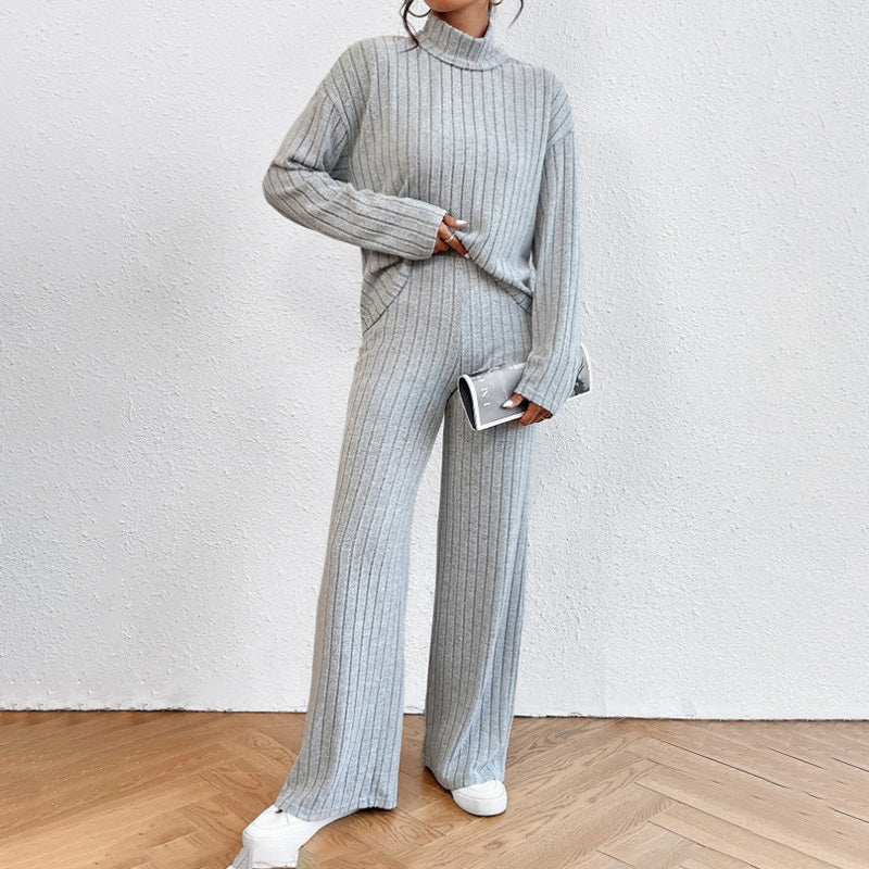 Women's Solid Color 2-Piece Set High Neck Long Sleeve Top & Pants, Striped Loungewear