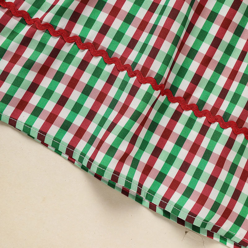 Toddler Infant Baby Girls Short Sleeve Christmas Tree Embroidered Plaid Casual Party Dresses