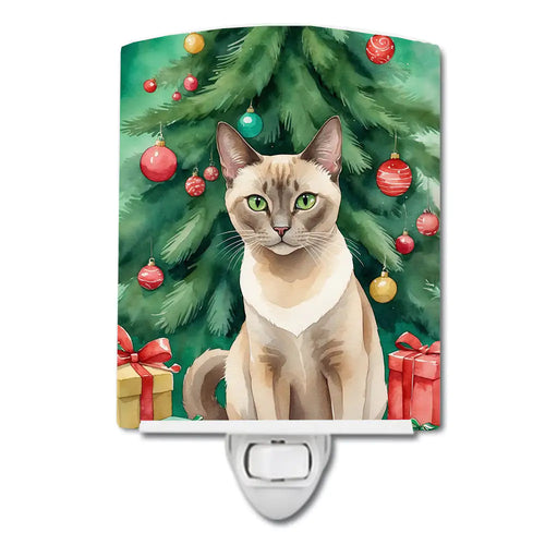 Tonkinese Cat By the Christmas Tree Ceramic Night Light
