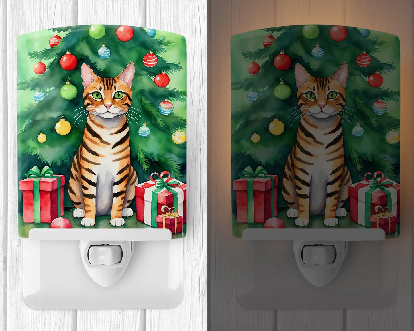 Toyger Cat By the Christmas Tree Ceramic Night Light