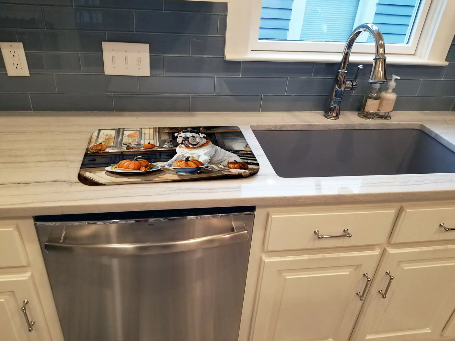 English Bulldog Fall Kitchen Pumpkins Dish Drying Mat