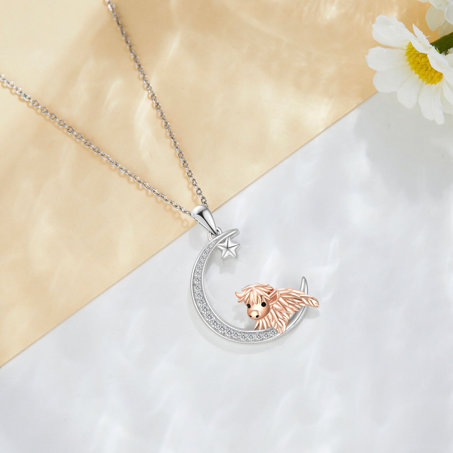 925 Sterling Silver Highland Cow Moon Necklace Gifts for Women