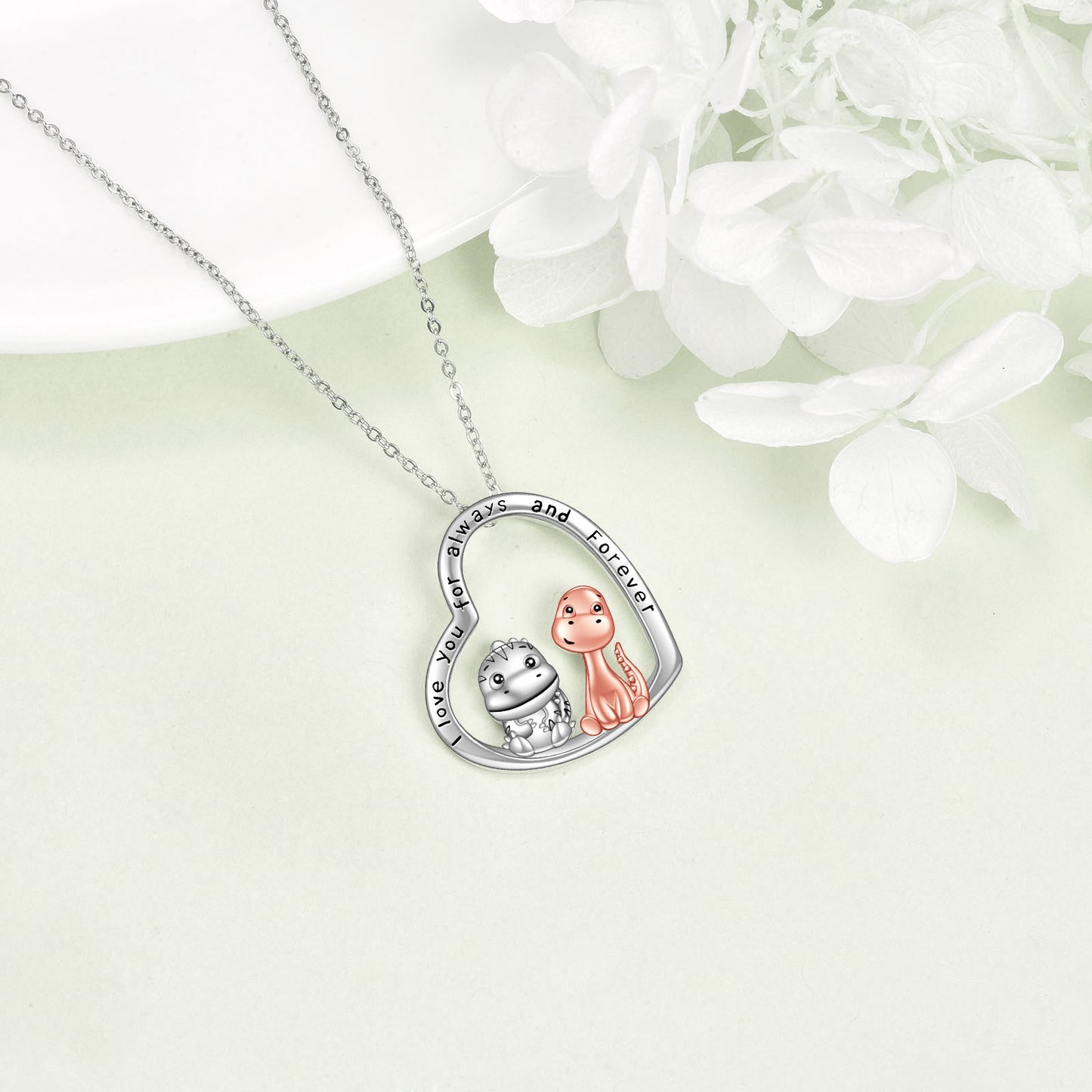 Necklace 925 Sterling Silver Cute Dinosaur Pendant Jewelry, I Love You Always and Forever