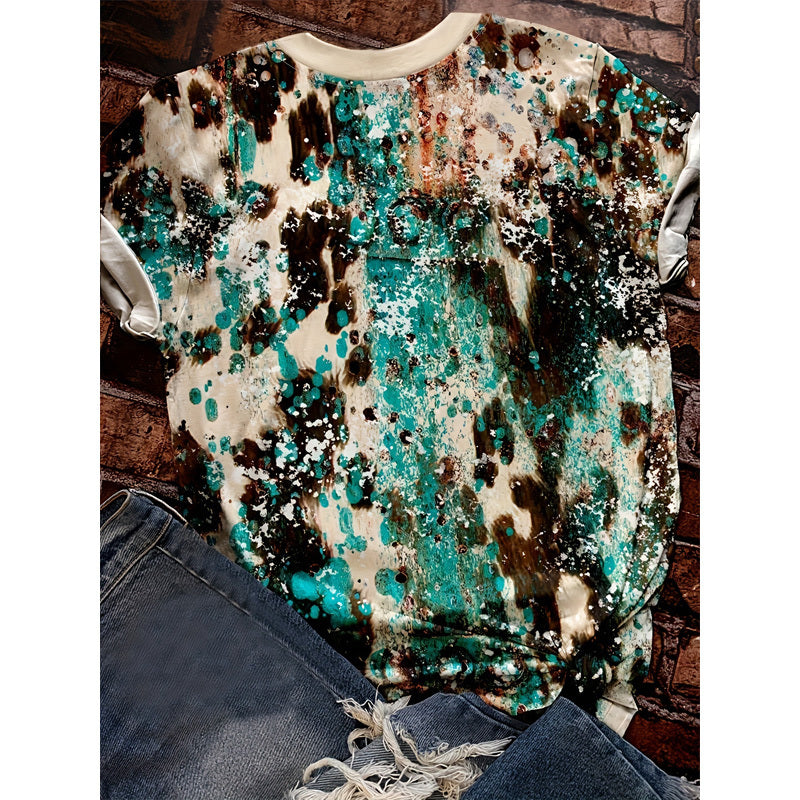 Women's Western Cowboy Print T-Shirt - Loose Fit Crew Neck Short Sleeve Tee, Color Block Design, Breathable Top