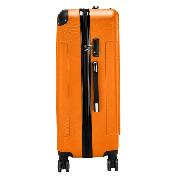 Orange ABS trolley case back with side lock bar and four spinner wheels