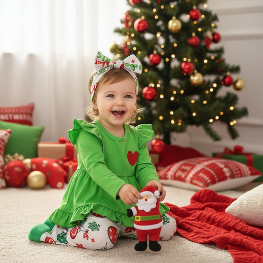 Toddler Baby Girls Christmas Clothes Ruffle Long Sleeve Heart Print Tops Dress Ball Print Flared Pants With Headband Outfits Set