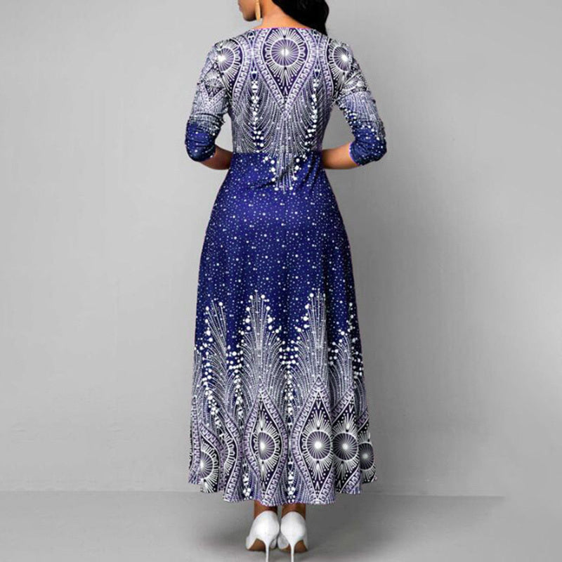 Women's Plus Size Elegant V-Neck Long Sleeve A-Line With Starry Sky Print, Slim-Fit Flowy Maxi Dress