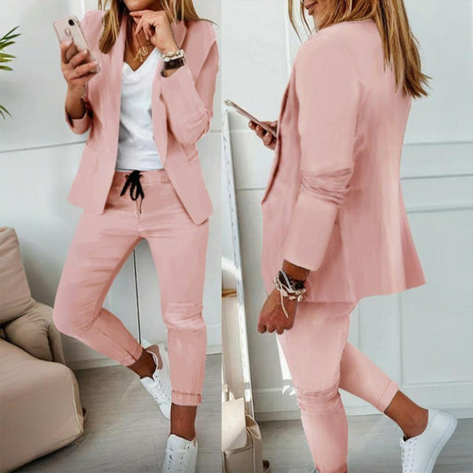 Women's Solid Color Long Sleeve Suit Set - Stylish Notch Lapel Blazer With Pockets & Drawstring Waist Pants, Business Casual Outfit
