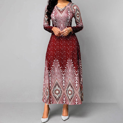 Women's Plus Size Elegant V-Neck Long Sleeve A-Line With Starry Sky Print, Slim-Fit Flowy Maxi Dress