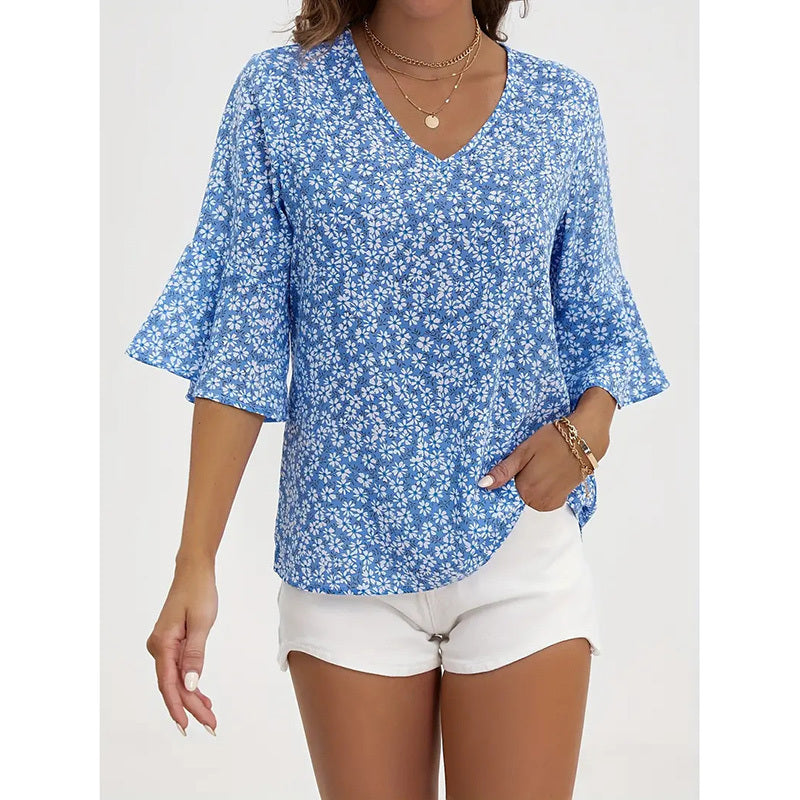 Womens Summer Floral Print Blouses V-Neck Flare Sleeve Tops Dressy Casual T-Shirts