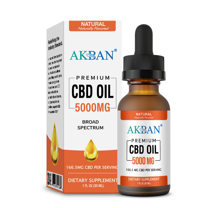 CBD oil bottle with black dropper and box, 5000mg strength, naturally flavored