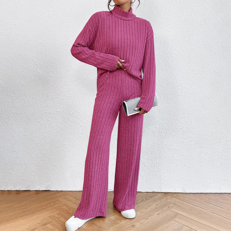 Women's Solid Color 2-Piece Set High Neck Long Sleeve Top & Pants, Striped Loungewear