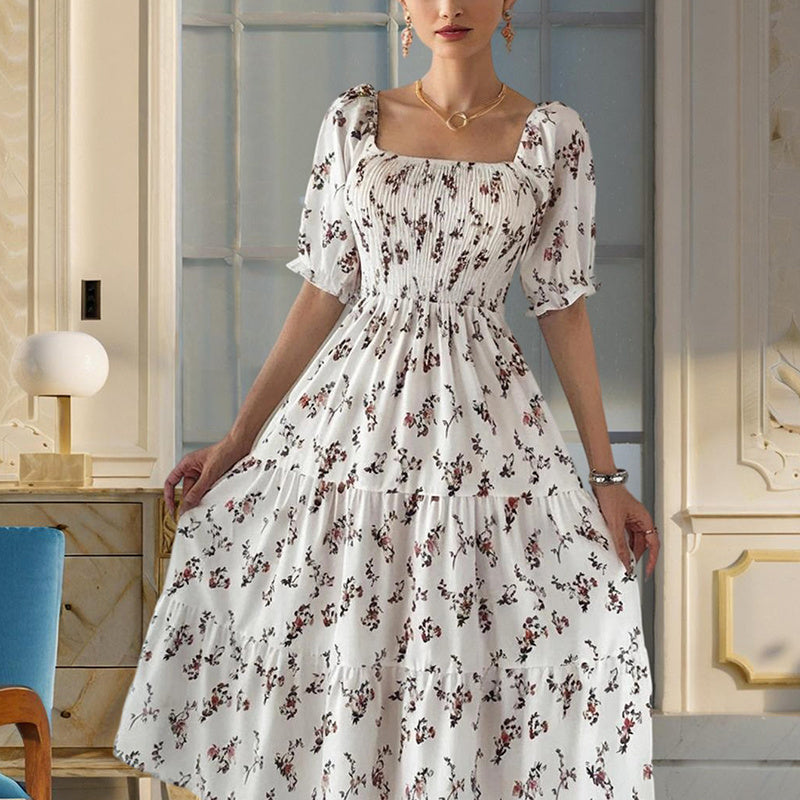 Women's Square Neck Short Sleeve A-Line Floral Print Ruffled Sleeves Bust Smocked Elastic Boho Summer Vacation Dress