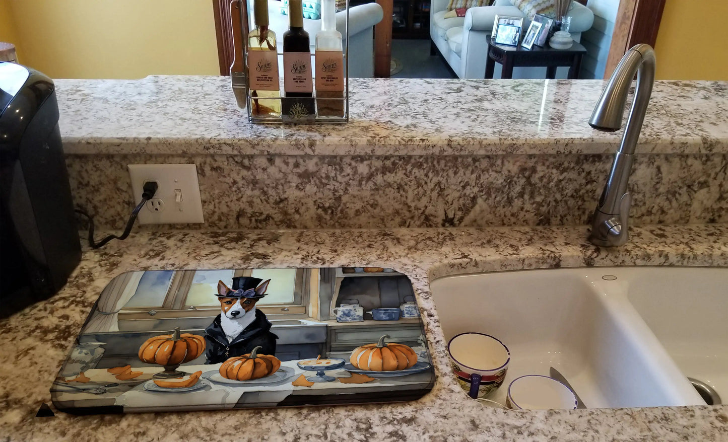 Basenji Fall Kitchen Pumpkins Dish Drying Mat