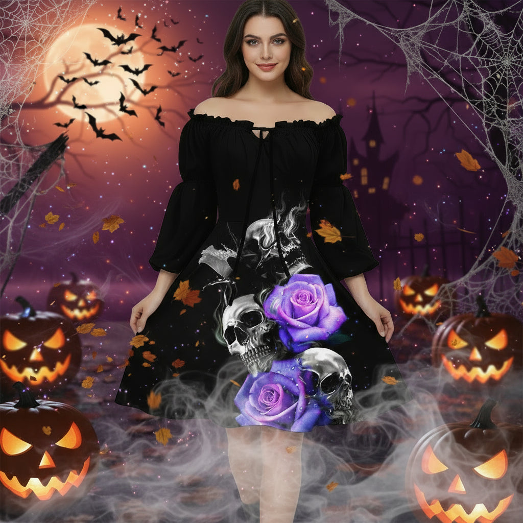 Halloween Print Drawstring Dress With Puffy Sleeves