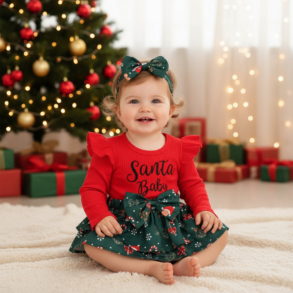 Sunken Stripe Flounced Sleeve Letter Embroidery Santa Claus Printed Dress