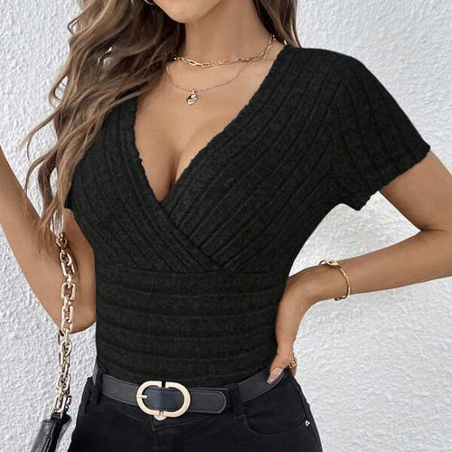 Women's V-neck Cross Wrapped Chest Design Ribbed Solid Color Versatile Sexy Style Knitted Sweater