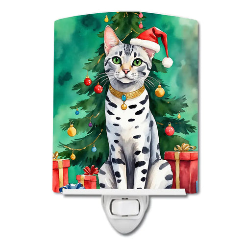 Egyptian Mau Cat By the Christmas Tree Ceramic Night Light
