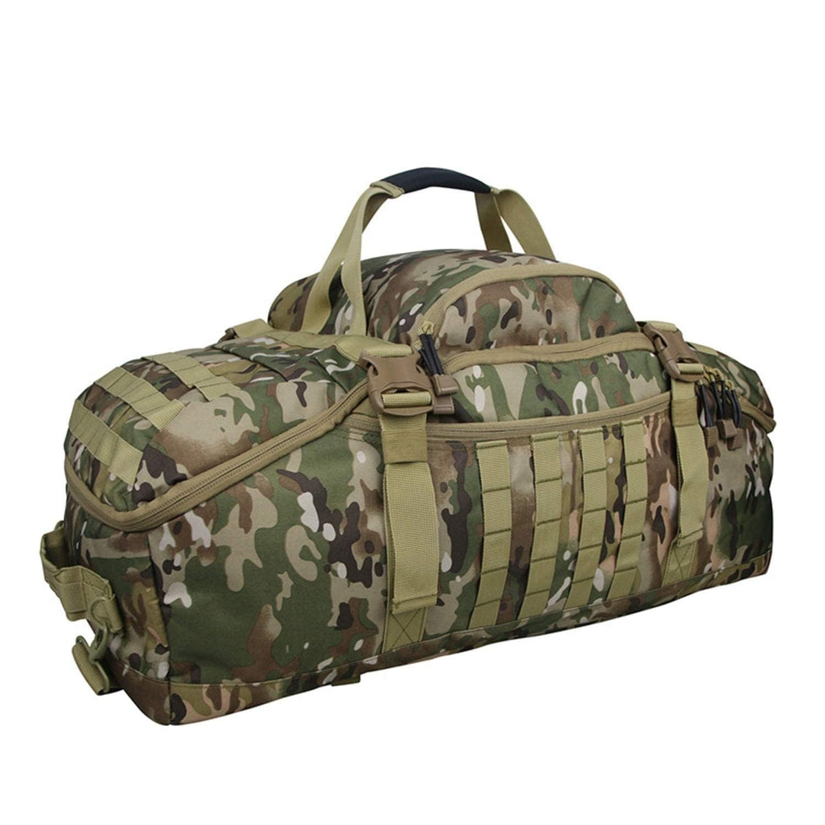 Military duffel bag in green camouflage with front zip panel and padded carry handles