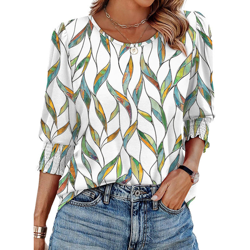 Women's Dressy Casual 3 4 Sleeve Tops Summer Trendy Puff-Sleeve Crew Neck Blouses With Smocked Cuffs