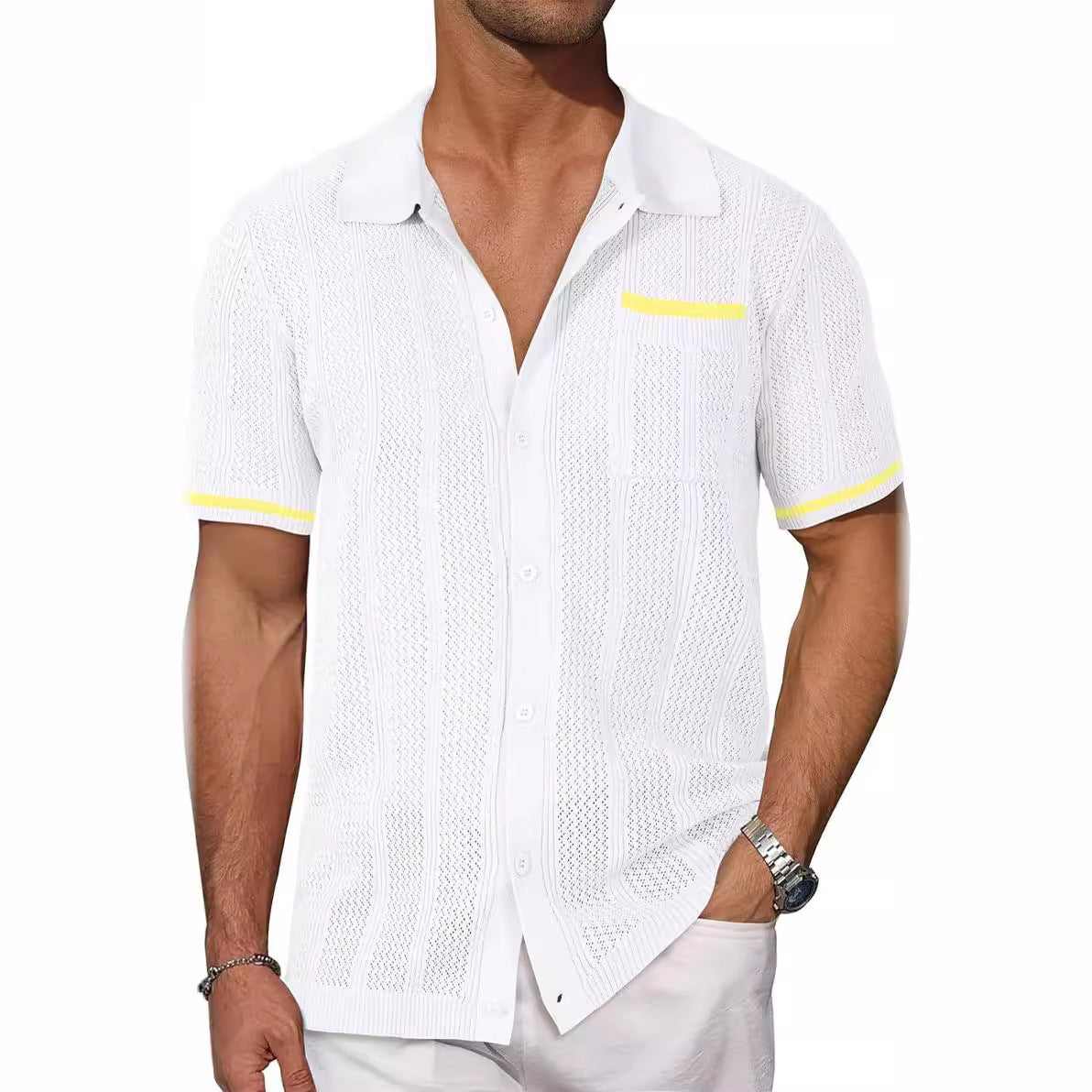 White short-sleeved button-up knit shirt with chest pocket and yellow striped trim