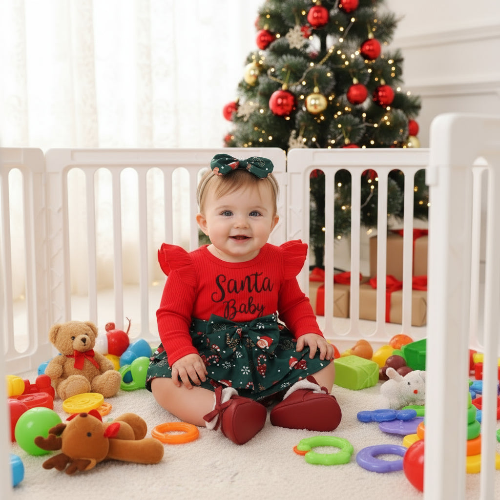 Sunken Stripe Flounced Sleeve Letter Embroidery Santa Claus Printed Dress