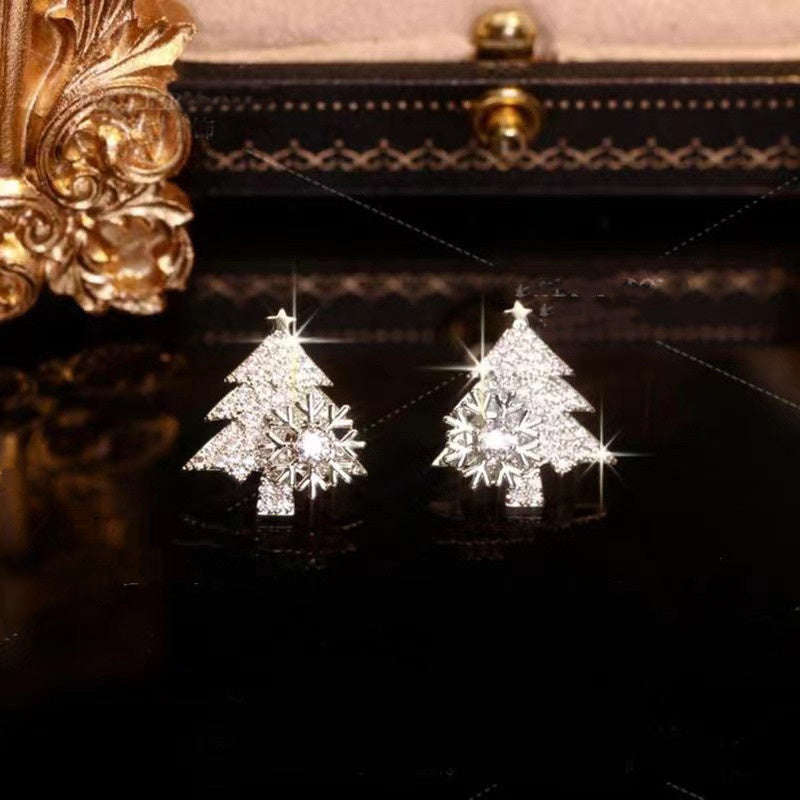 Rotatable Christmas Tree Shiny Rhinestone Snowflake Stud Earring Jewelry Gifts