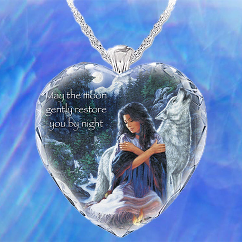 Heart-shaped Crystal Girl Gray Wolf Pendant Necklace