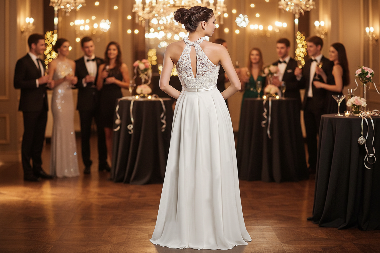 White sleeveless halter wedding dress with lace back detail and full skirt