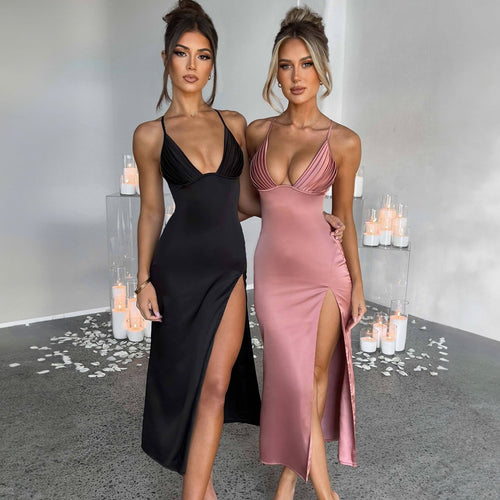 Spaghetti Strap With Split Design Deep V-neck Sleeveless Backless Bodycon Party Dresses For Women Clothing