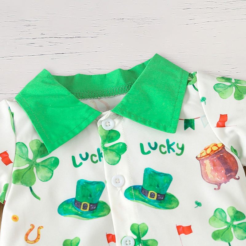 Newborn Baby Boy St. Patrick's Day Clothes Short Sleeve Clover Print Romper & Suspenders Pant 2Pcs Casual Clothes Set