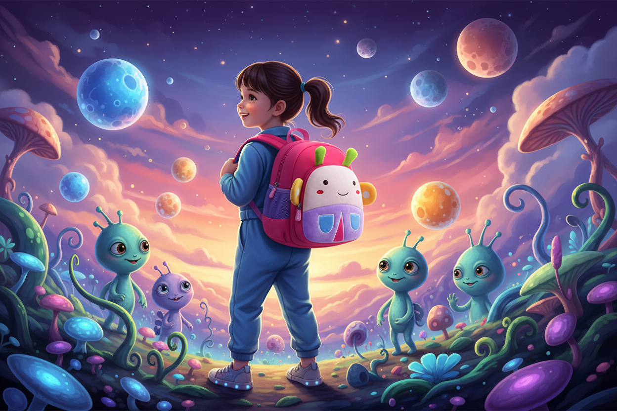 Children's magenta and blue animal-face backpack with colorful accents and front pocket