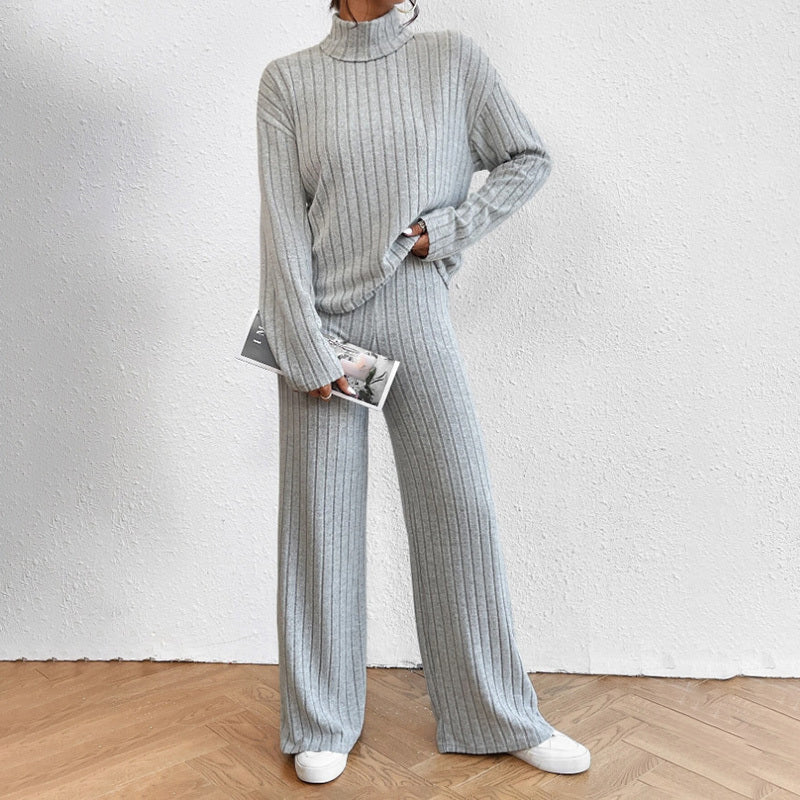 Women's Solid Color 2-Piece Set High Neck Long Sleeve Top & Pants, Striped Loungewear