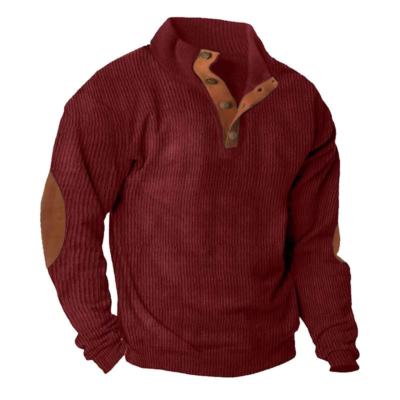 Wine red corduroy stand-collar long-sleeve sweater with brown snap placket