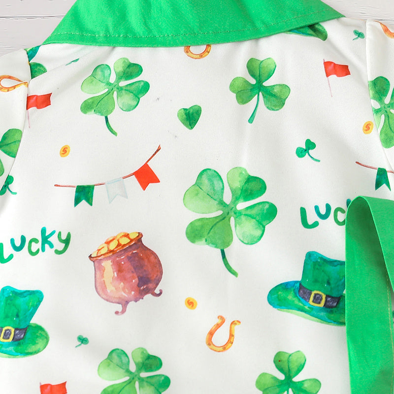 Newborn Baby Boy St. Patrick's Day Clothes Short Sleeve Clover Print Romper & Suspenders Pant 2Pcs Casual Clothes Set