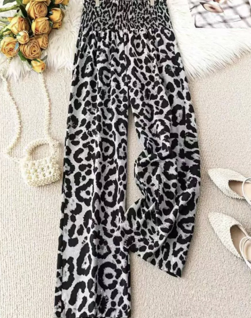 Women's Leopard Print Wide-Leg Pants - Summer Casual Vacation Style Elastic Waist Long Trousers