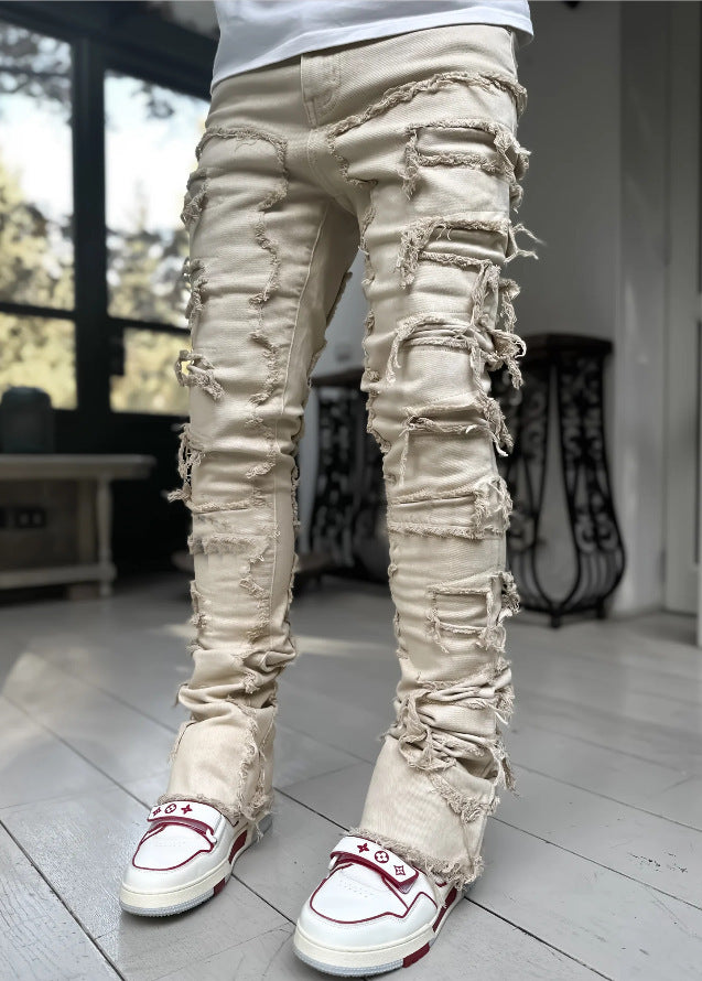 Trousers Individual Patched Pants Long Tight Fit Stacked Jeans For Men