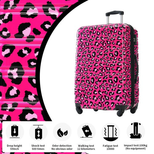 Hot pink leopard-print hardshell spinner suitcase front view with telescoping handle and wheels