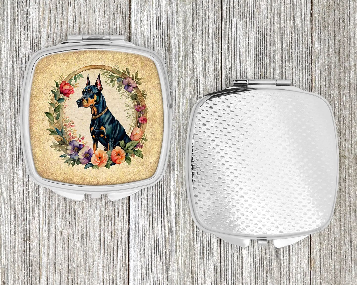 Doberman Pinscher and Flowers Compact Mirror