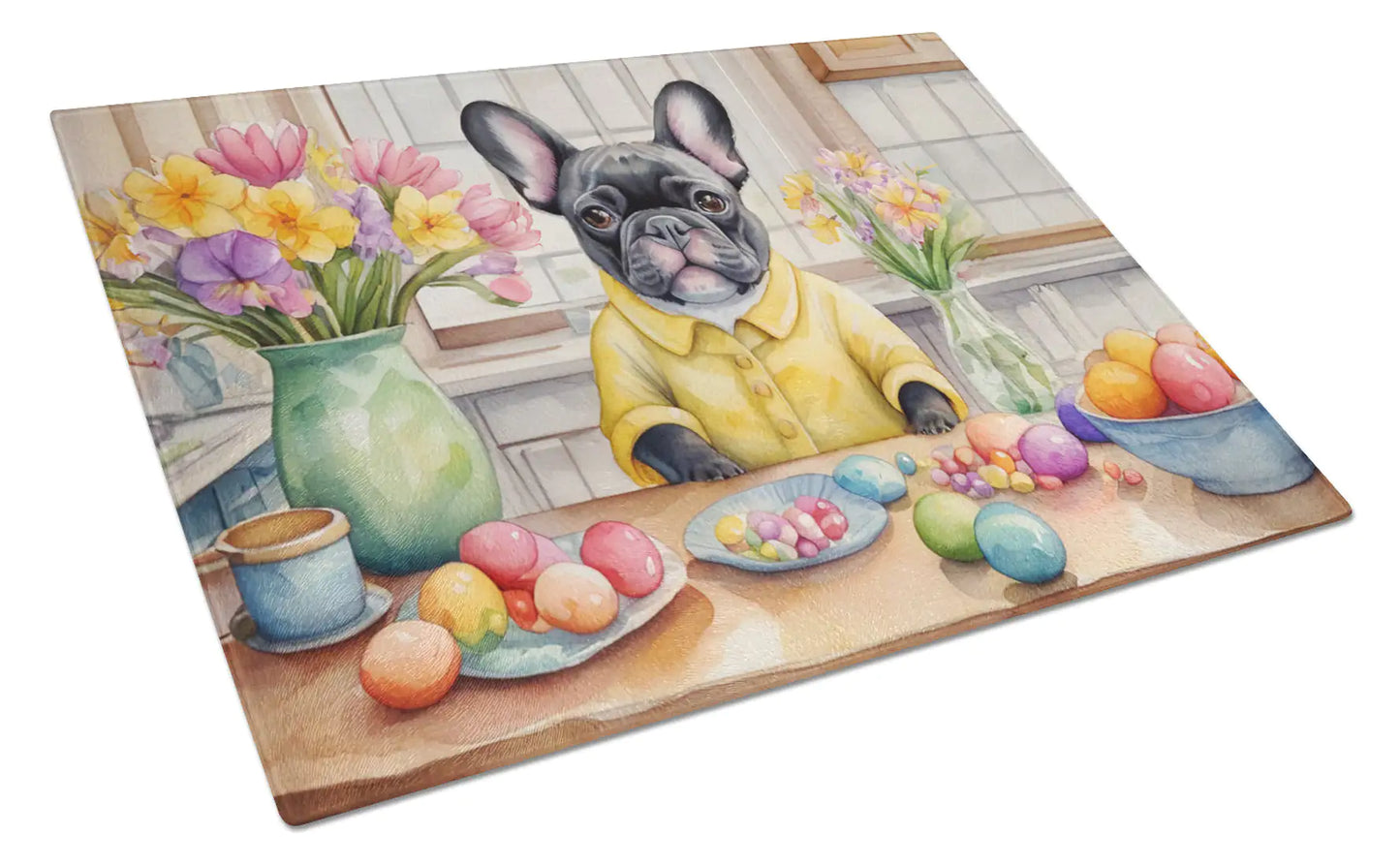 Decorating Easter French Bulldog Glass Cutting Board