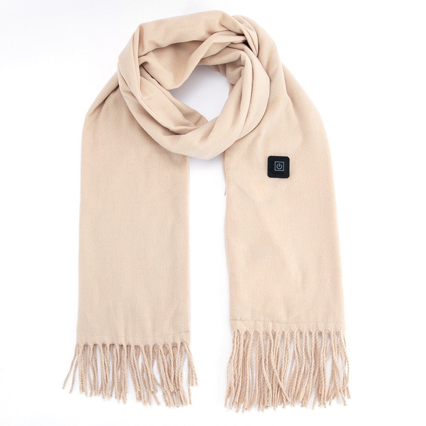 Heated winter scarf, light beige with fringe ends and a small control patch