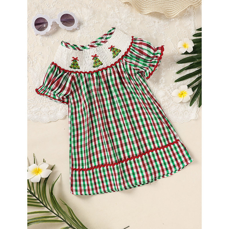 Toddler Infant Baby Girls Short Sleeve Christmas Tree Embroidered Plaid Casual Party Dresses