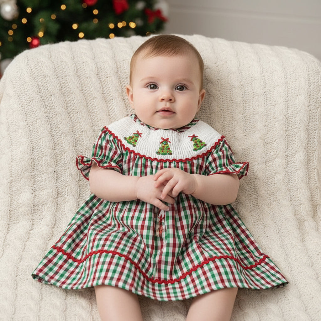 Toddler Infant Baby Girls Short Sleeve Christmas Tree Embroidered Plaid Casual Party Dresses