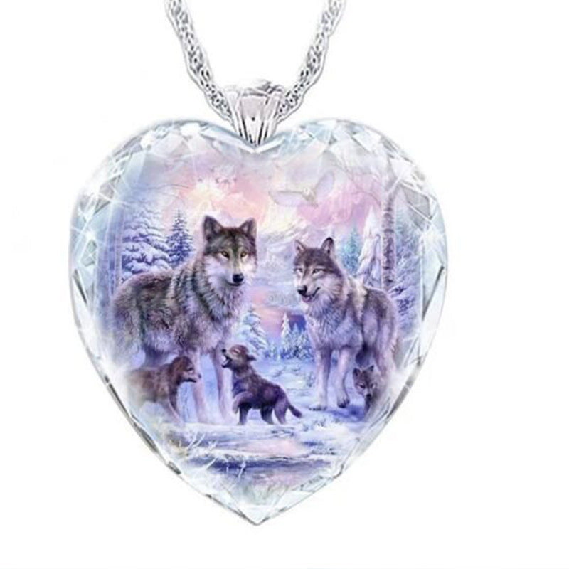 Heart-shaped Crystal Girl Gray Wolf Pendant Necklace