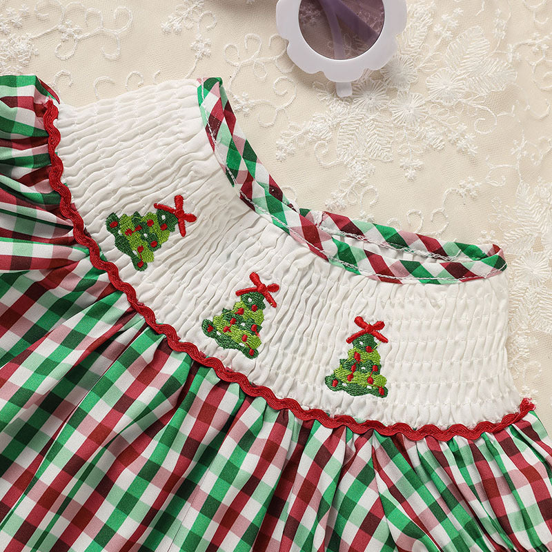 Toddler Infant Baby Girls Short Sleeve Christmas Tree Embroidered Plaid Casual Party Dresses