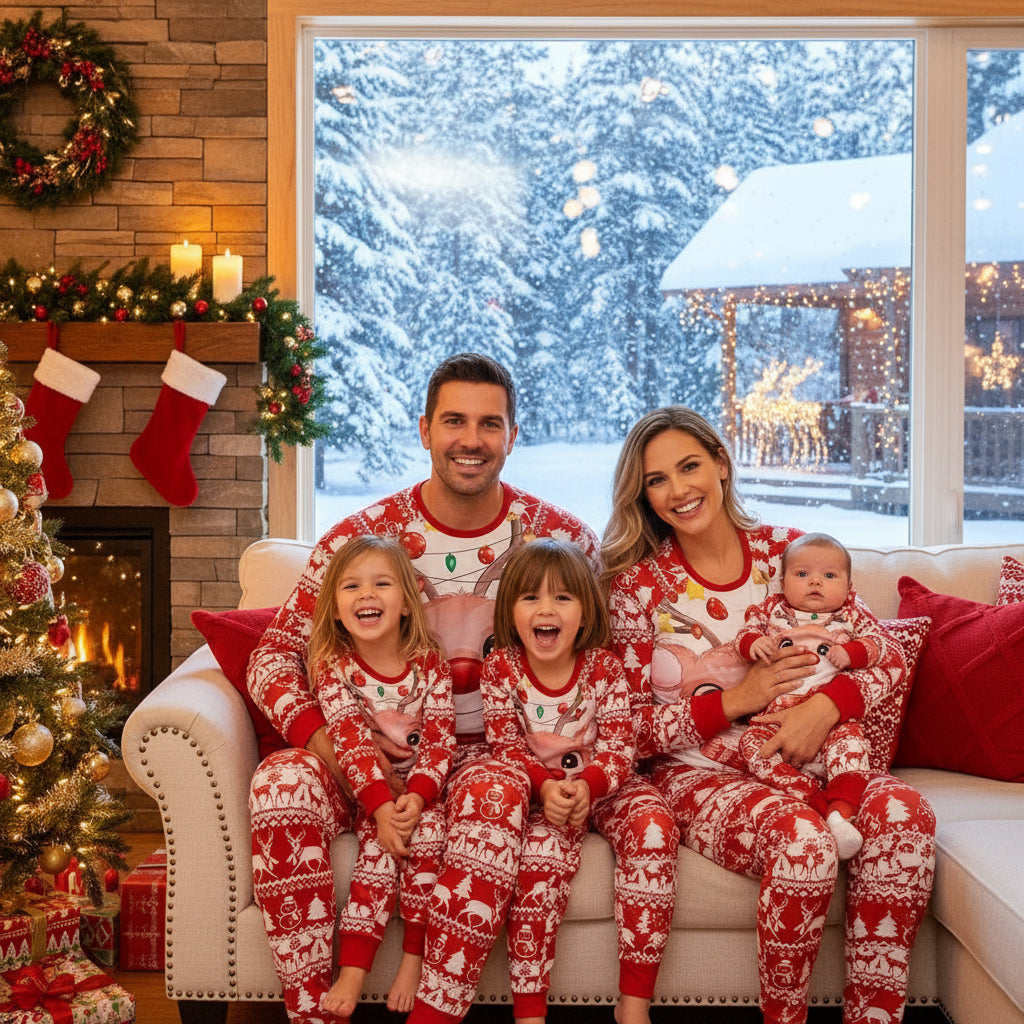 Red Christmas reindeer print family pajama set with long-sleeve tops and pants